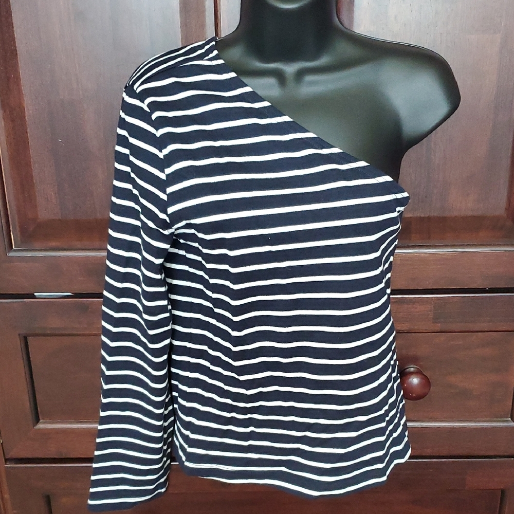 Rails Navy and White Striped One-Shoulder Long Sleeve Top